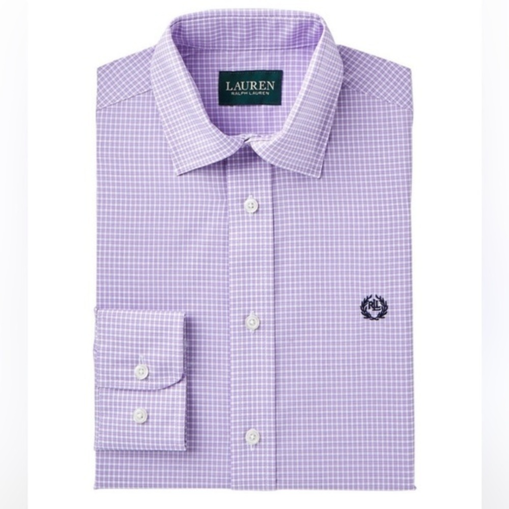 🚣 🥑Ralph Lauren logo button down shirt, purple white check pattern boys size 16